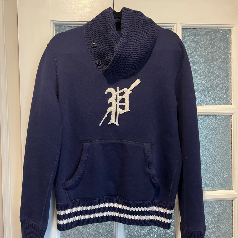 Polo Men's Navy Shawl Collar Pullover Sweater with Embroidered 'P'